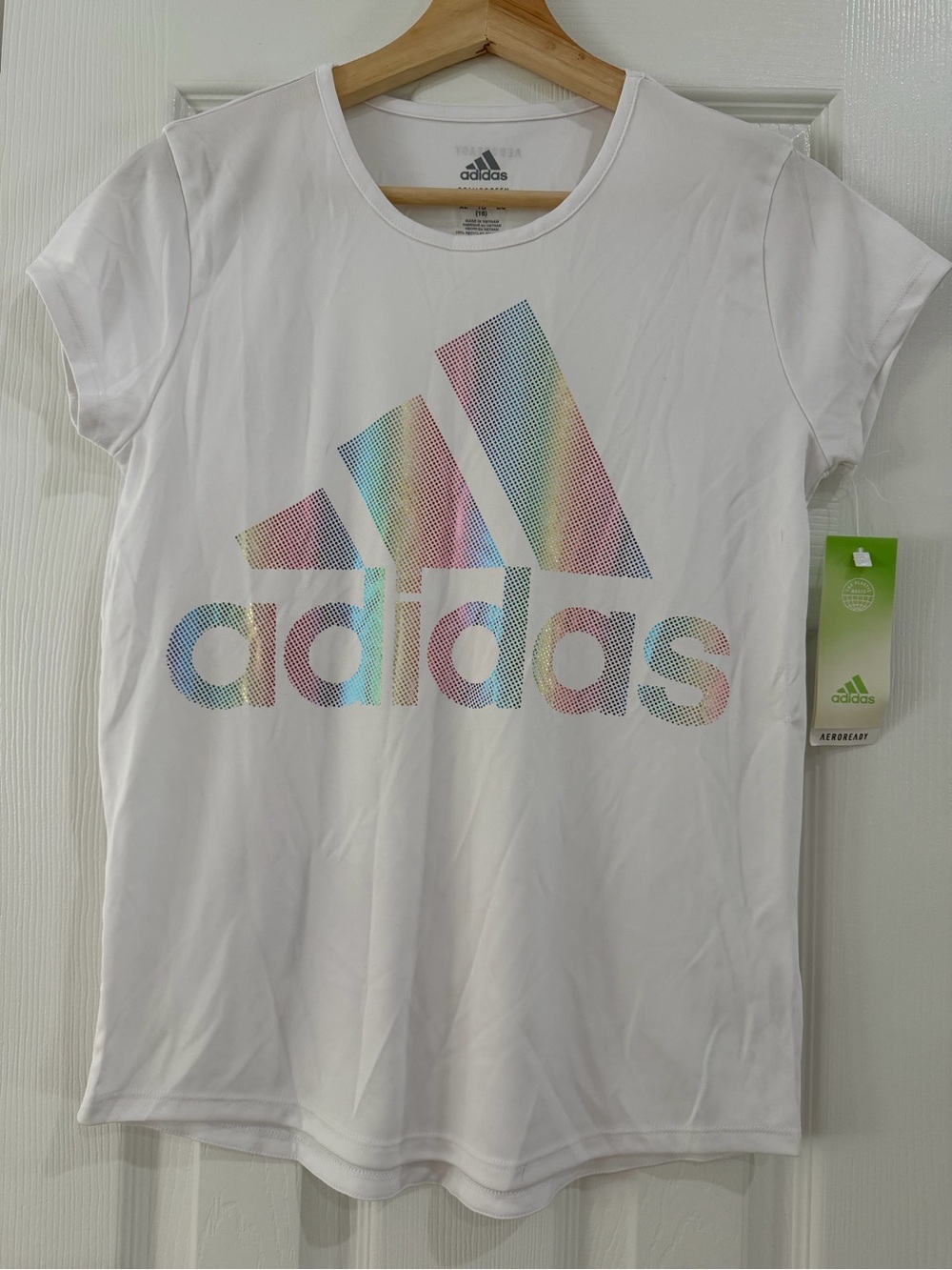 adidas White Short-Sleeve Tee with Iridescent Rainbow Logo